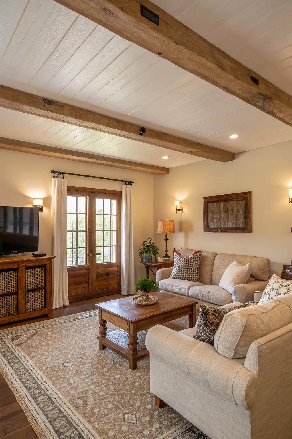 Neutral color palettes cultivate a serene atmosphere in this farmhouse living room.