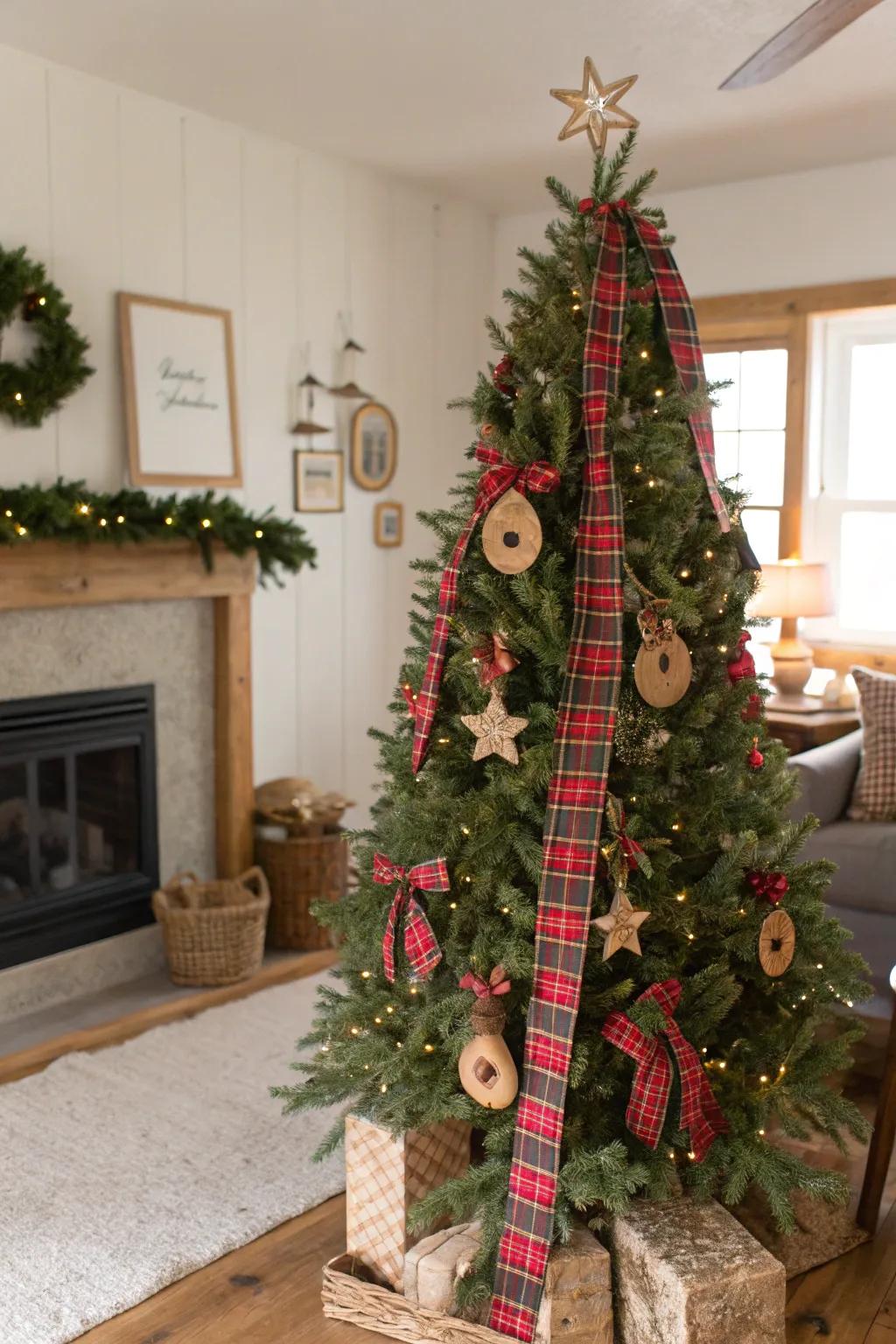 Tartan designs impart a quintessential homespun accent to this farmhouse Christmas tree.