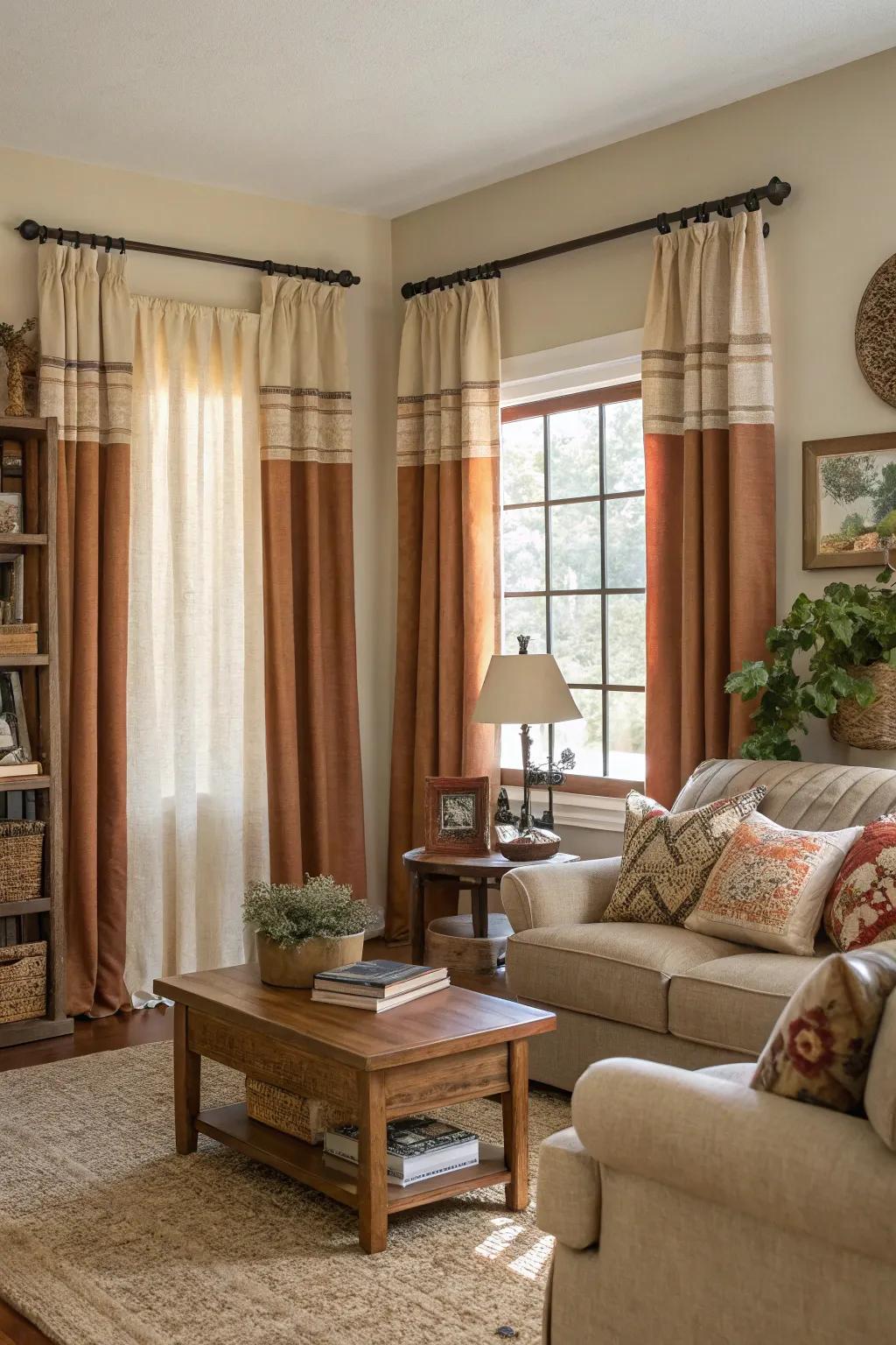 Practical farmhouse curtains providing privacy and style in a cozy living room.