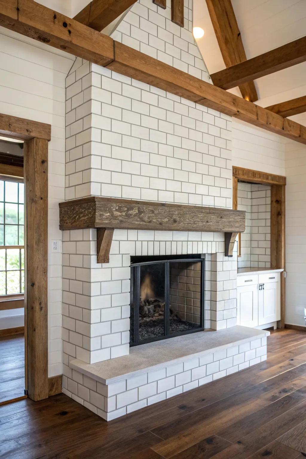 Classic white subway tiles on a farmhouse fireplace.