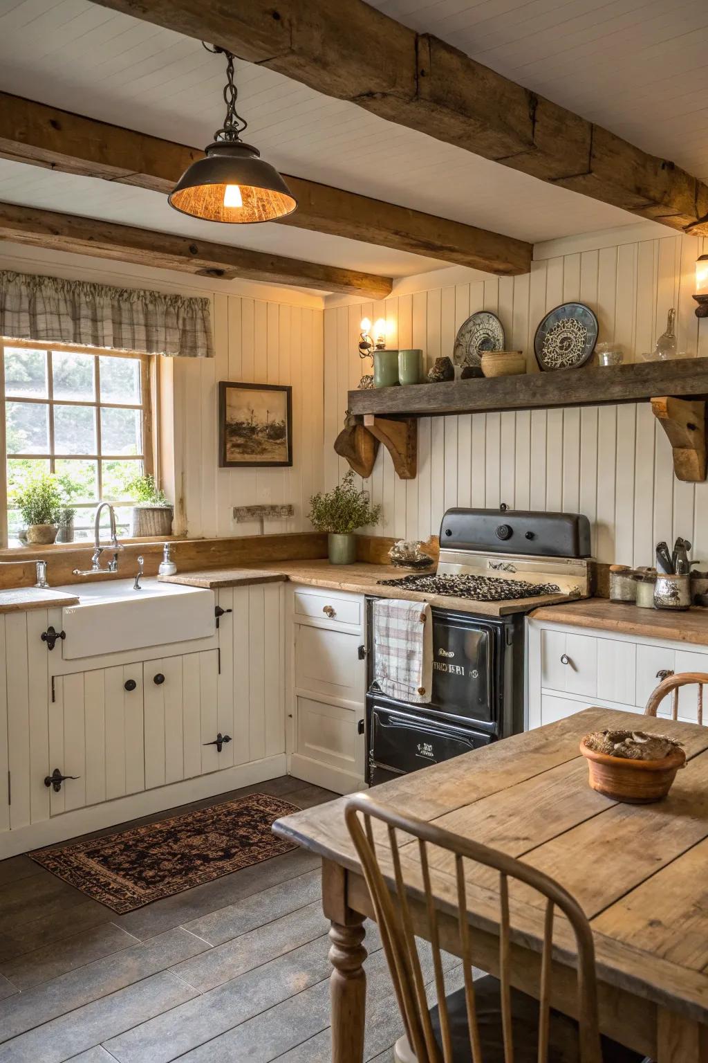 A farmhouse cooking area featuring a charming beadboard backsplash.