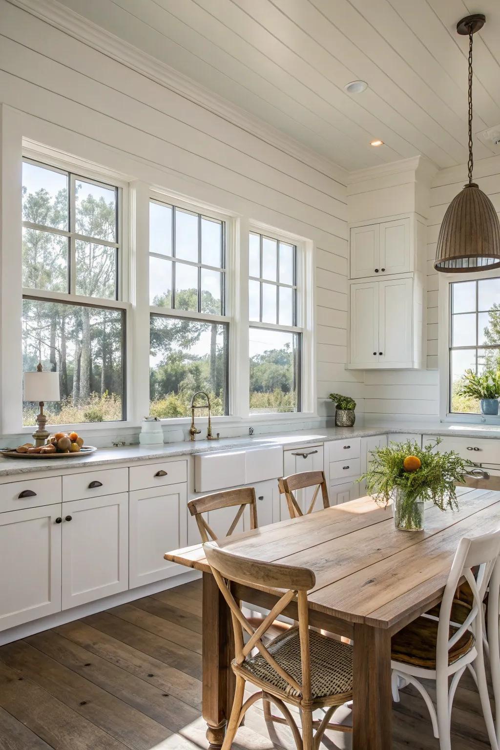 Cladding brings a seaside hint to this airy farmhouse kitchen featuring ivory cabinets.