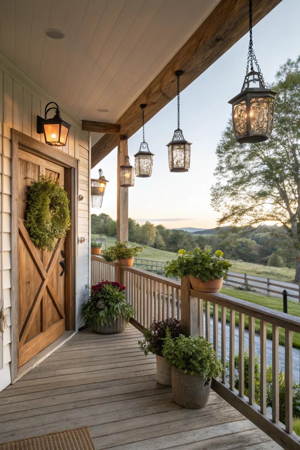 Lanterns create an appealing outdoor arrangement.