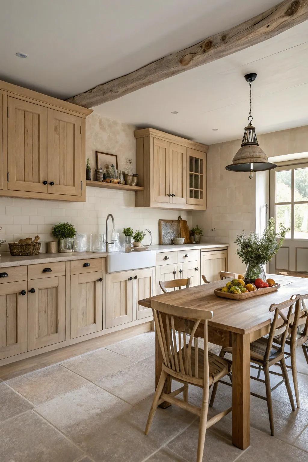 Subtle hues complement the warmth of pale timber cabinetry in a country-style cooking space.
