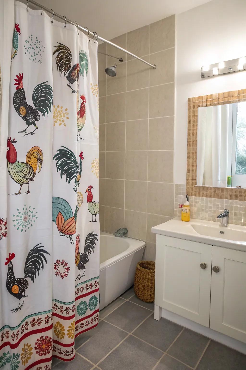 A bathroom with a shower drape featuring delightful wildlife designs such as chickens.