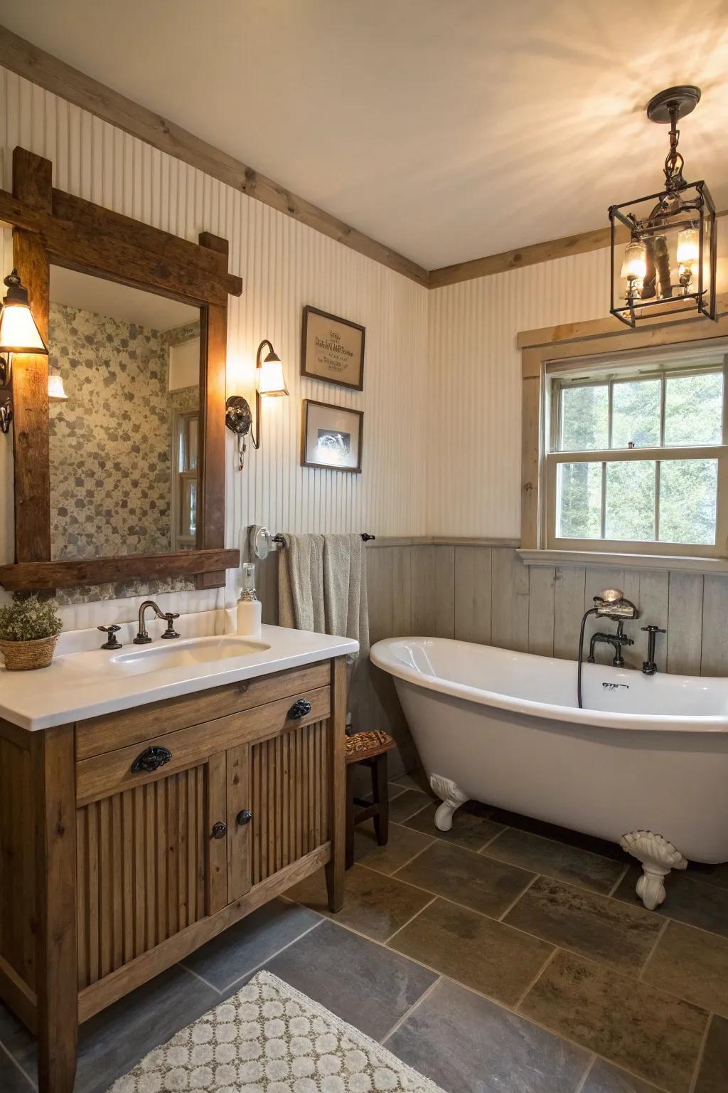 Textured beadboard walls bring depth to this small farmhouse bathroom.