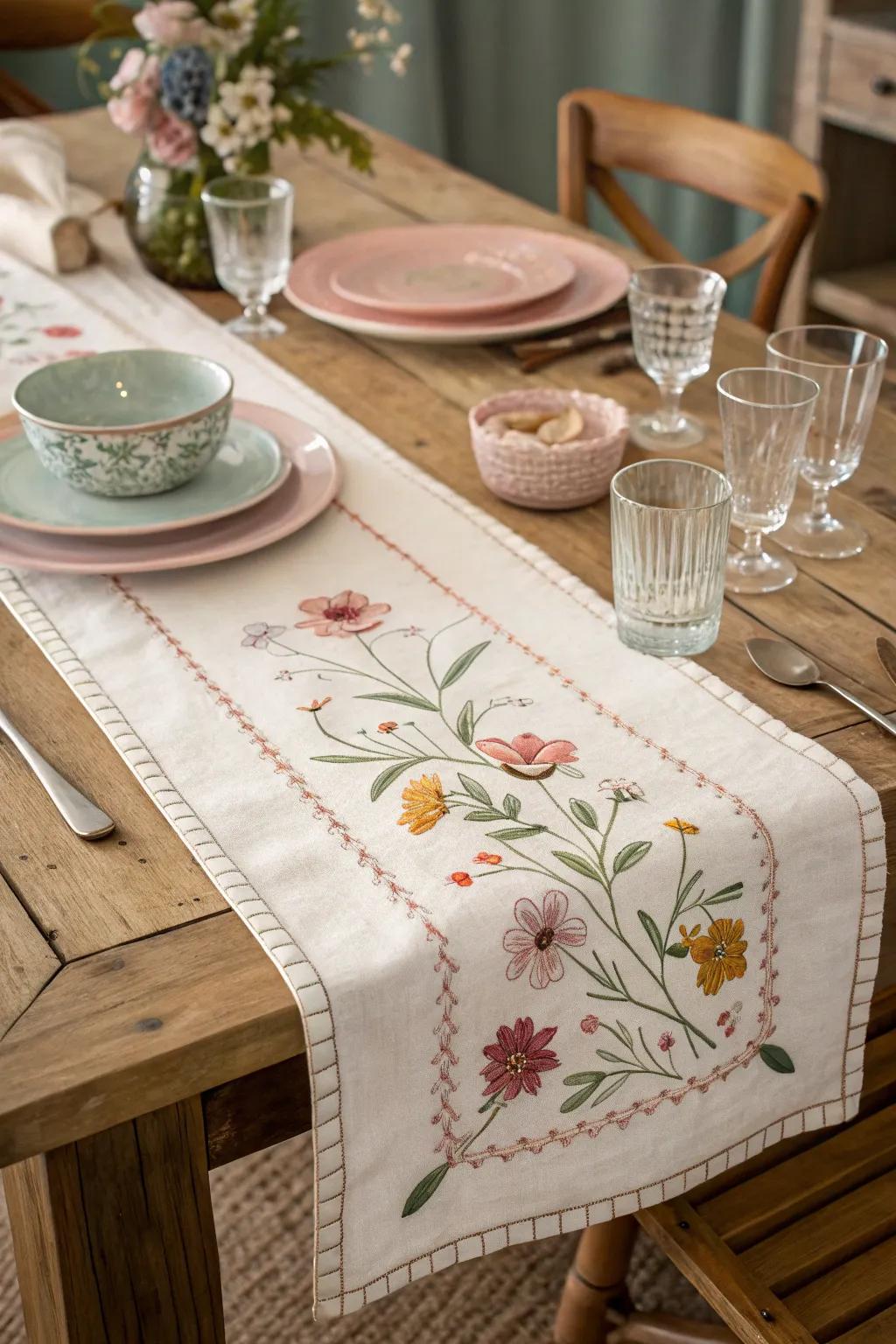 Floral embroidery adds a vintage charm to the table.