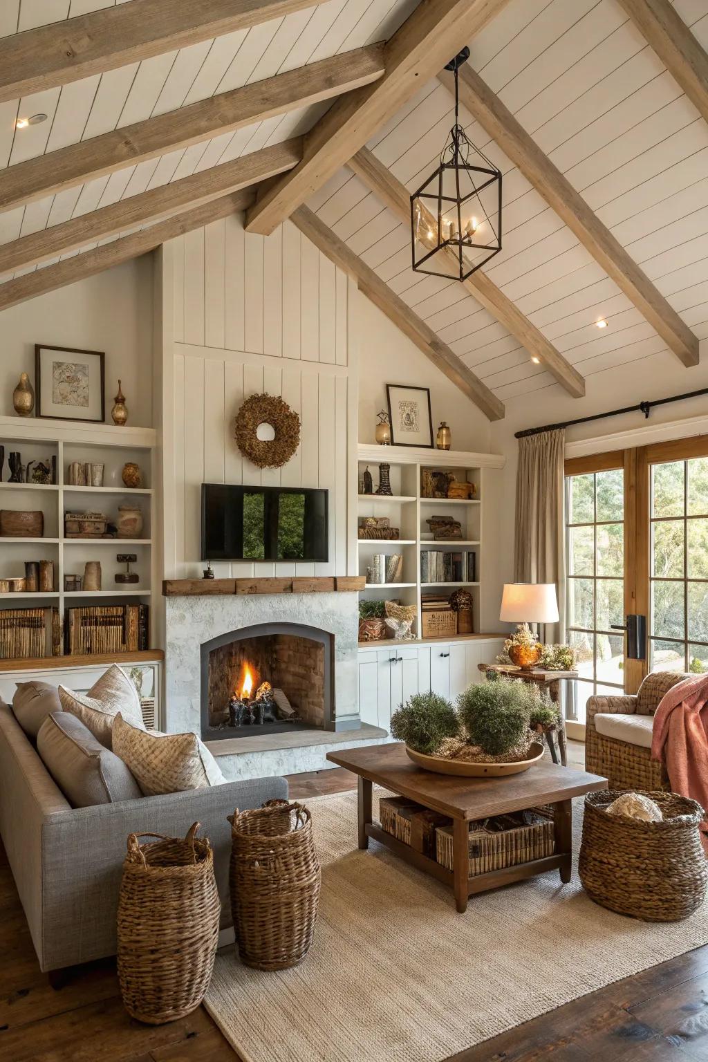 Integrated storage flanking a fireplace in a farmhouse living space.