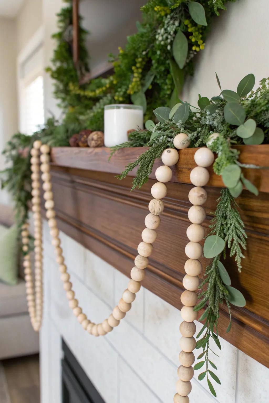 Timber-sphere strand paired with fresh greenery.