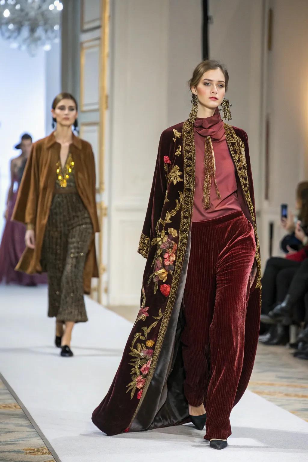 Plush textiles like velvet and silk enhance the runway's elegance.