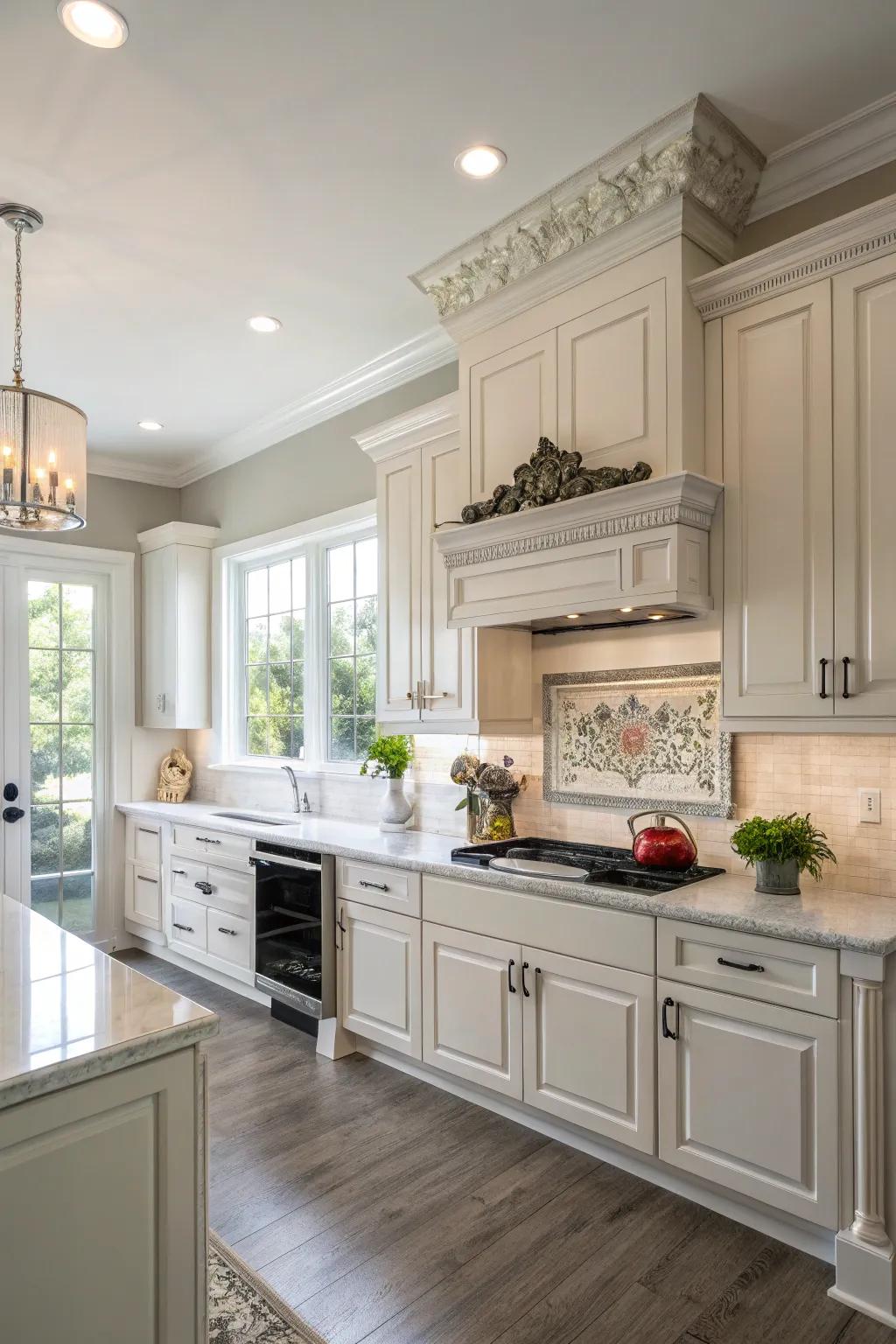 Cabinets with a custom feel thanks to imitation crown molding.
