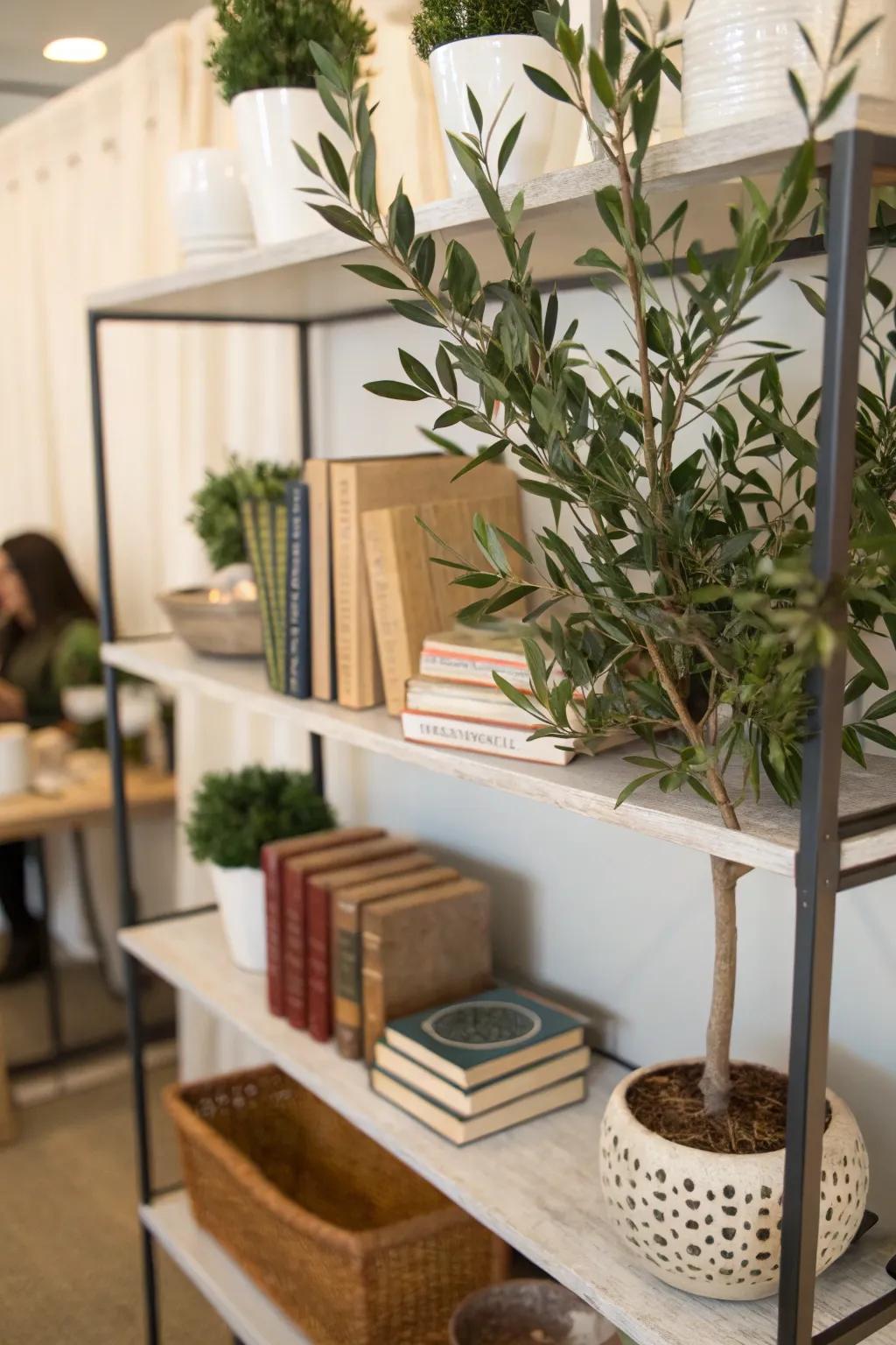 Employ faux olive branches to enhance your shelves.