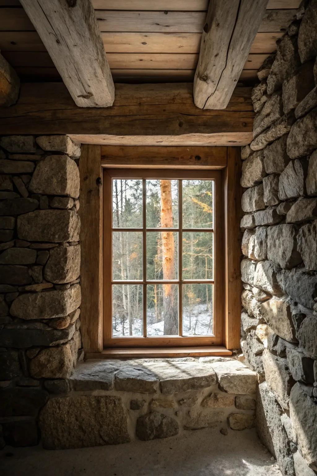 Timber and stone textures add dimension and warmth near windows.