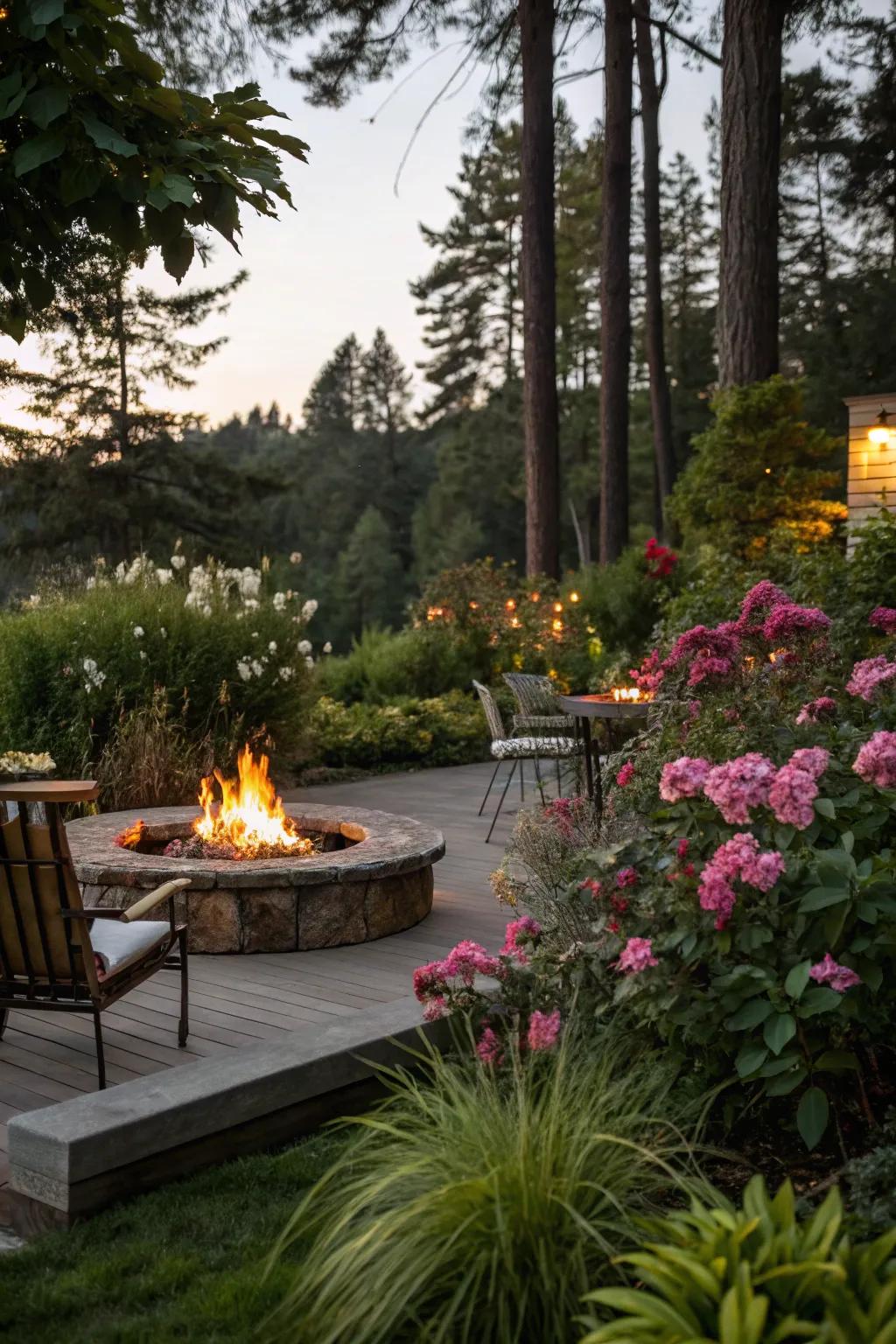 Lush greenery transforms the fire pit area into a peaceful sanctuary.