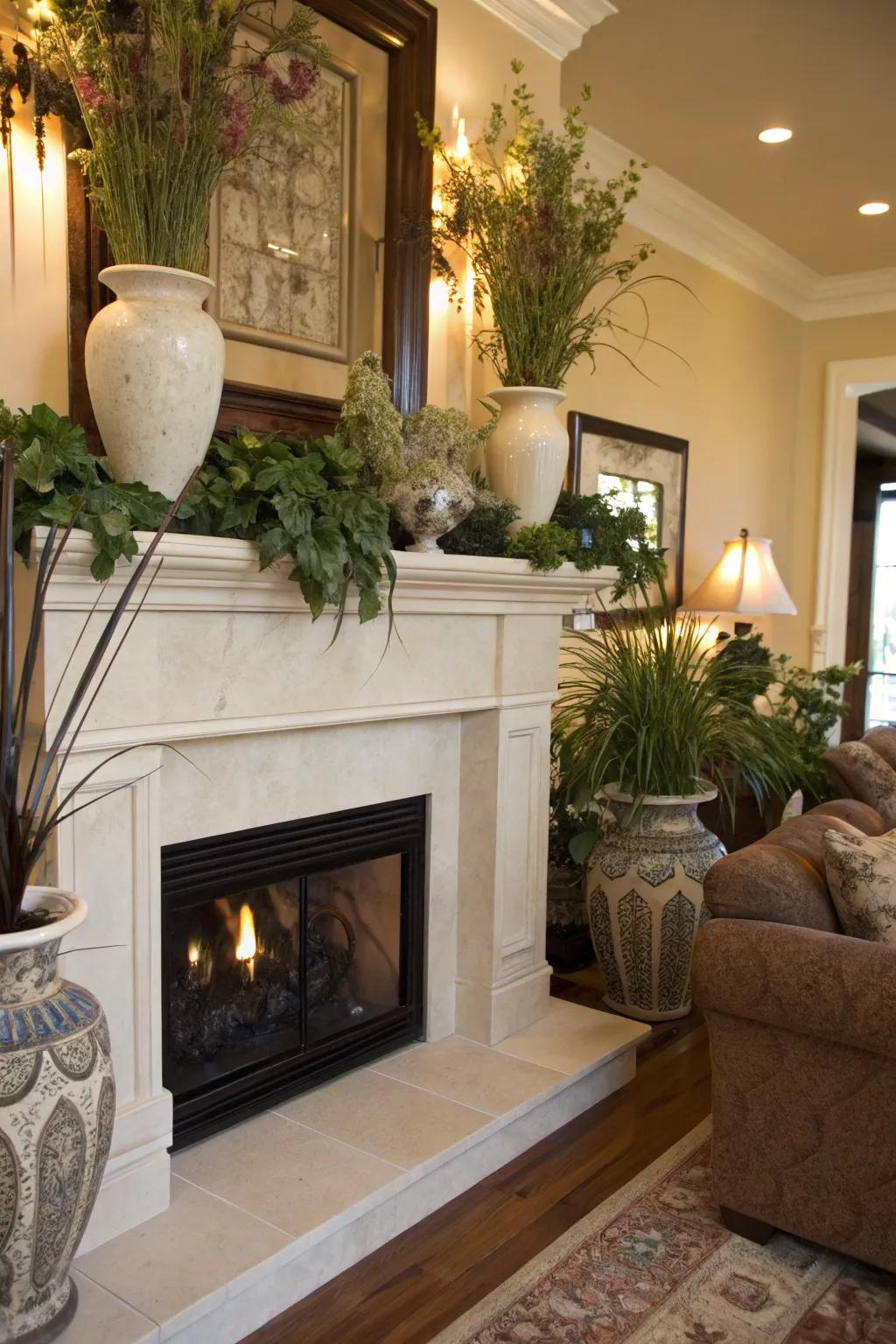 A fireplace mantel exquisitely embellished with flower holders and greenery.