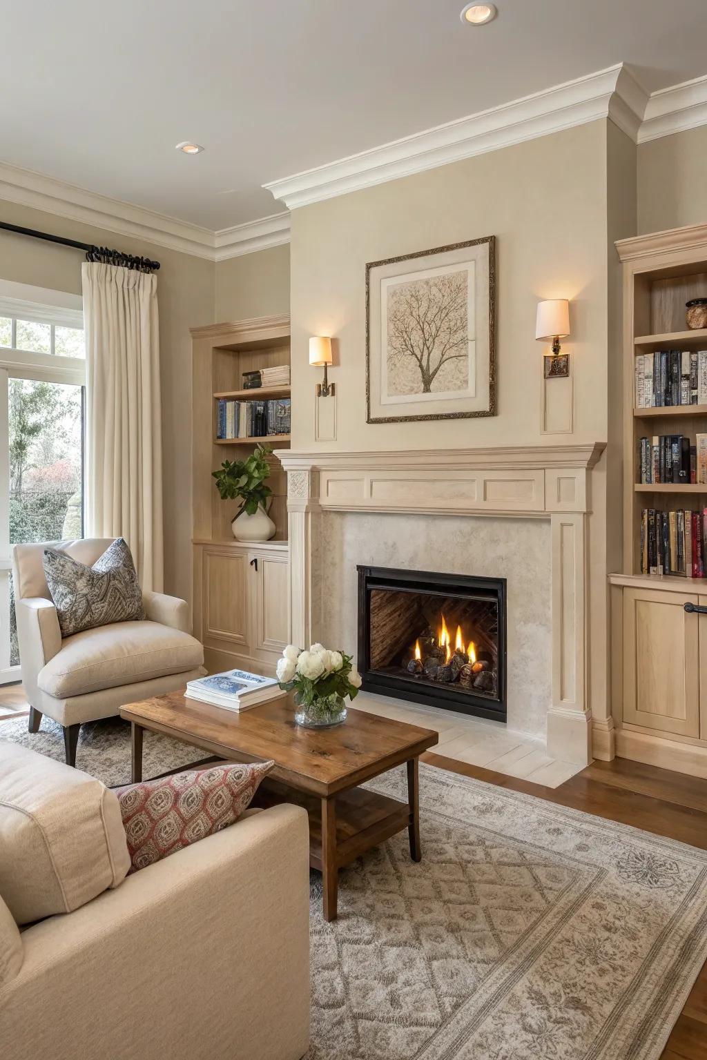Neutral colors offer a soothing setting for the fireplace.
