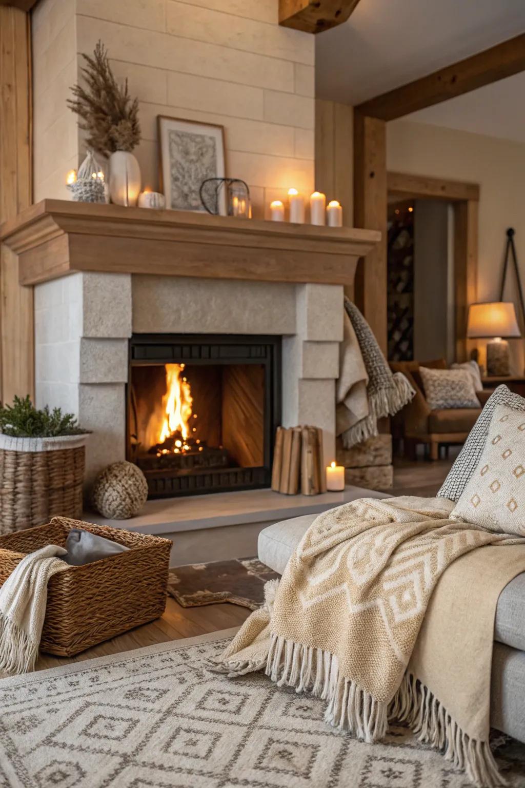 Neutral and warm shades create a fireplace setting that's inviting and cozy.