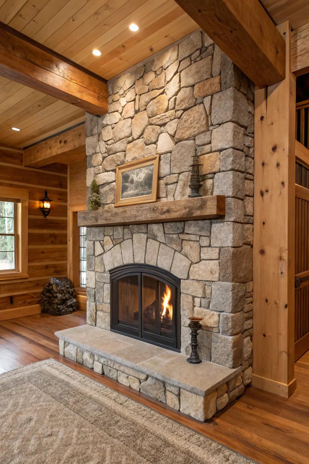 Organic stone and wood create a harmonious blend in this fireplace design.