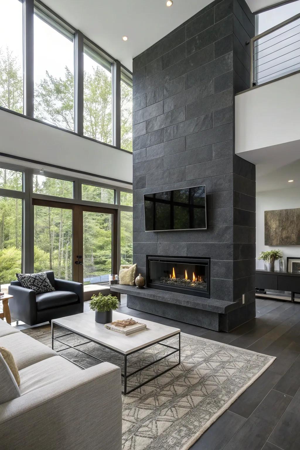 Dark shale cladding introduces drama and modernity to this refined fireplace.