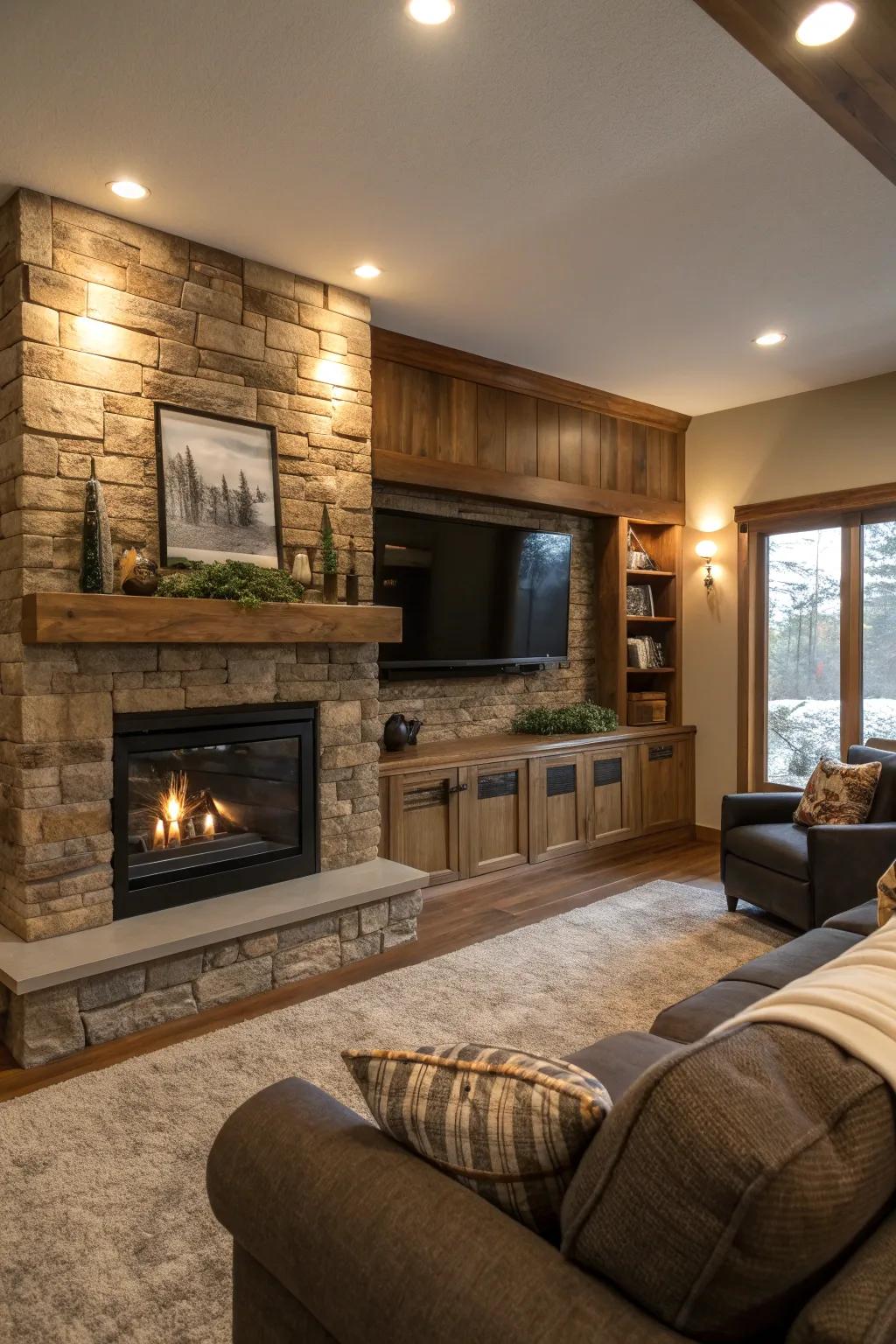 Defy convention through an imbalanced fireplace TV design that commands attention. #AsymmetricalDesign #UniqueSpaces 🔄