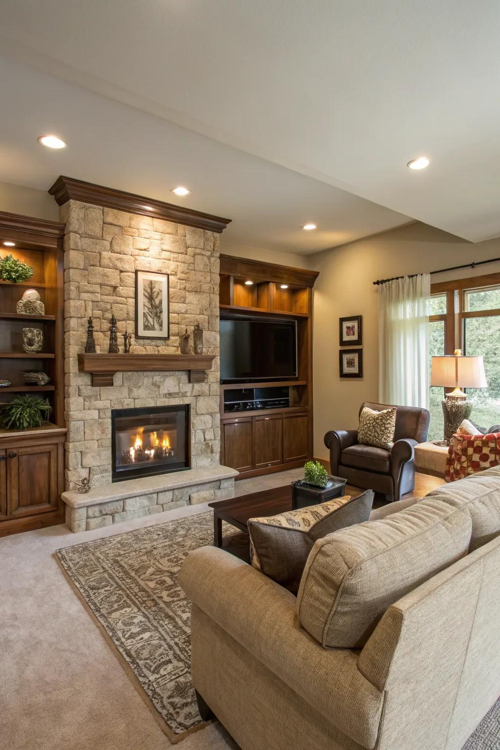 A welcoming and comfortable living area featuring a fireplace wall and TV.