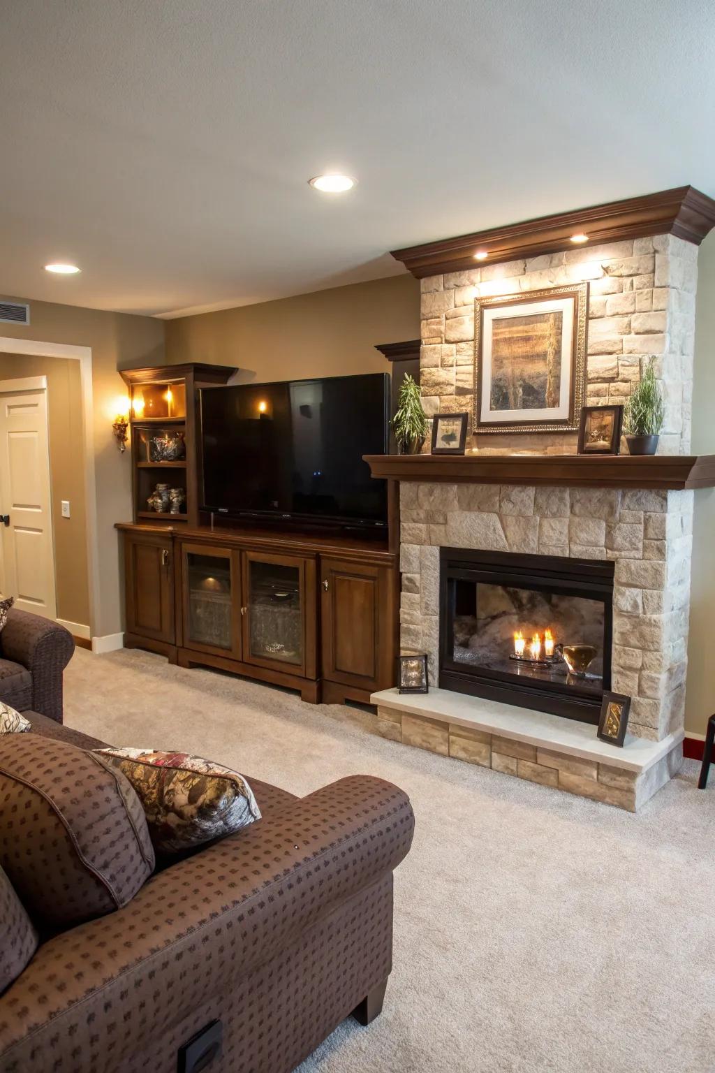 A smooth multimedia station using the television above the fireplace.