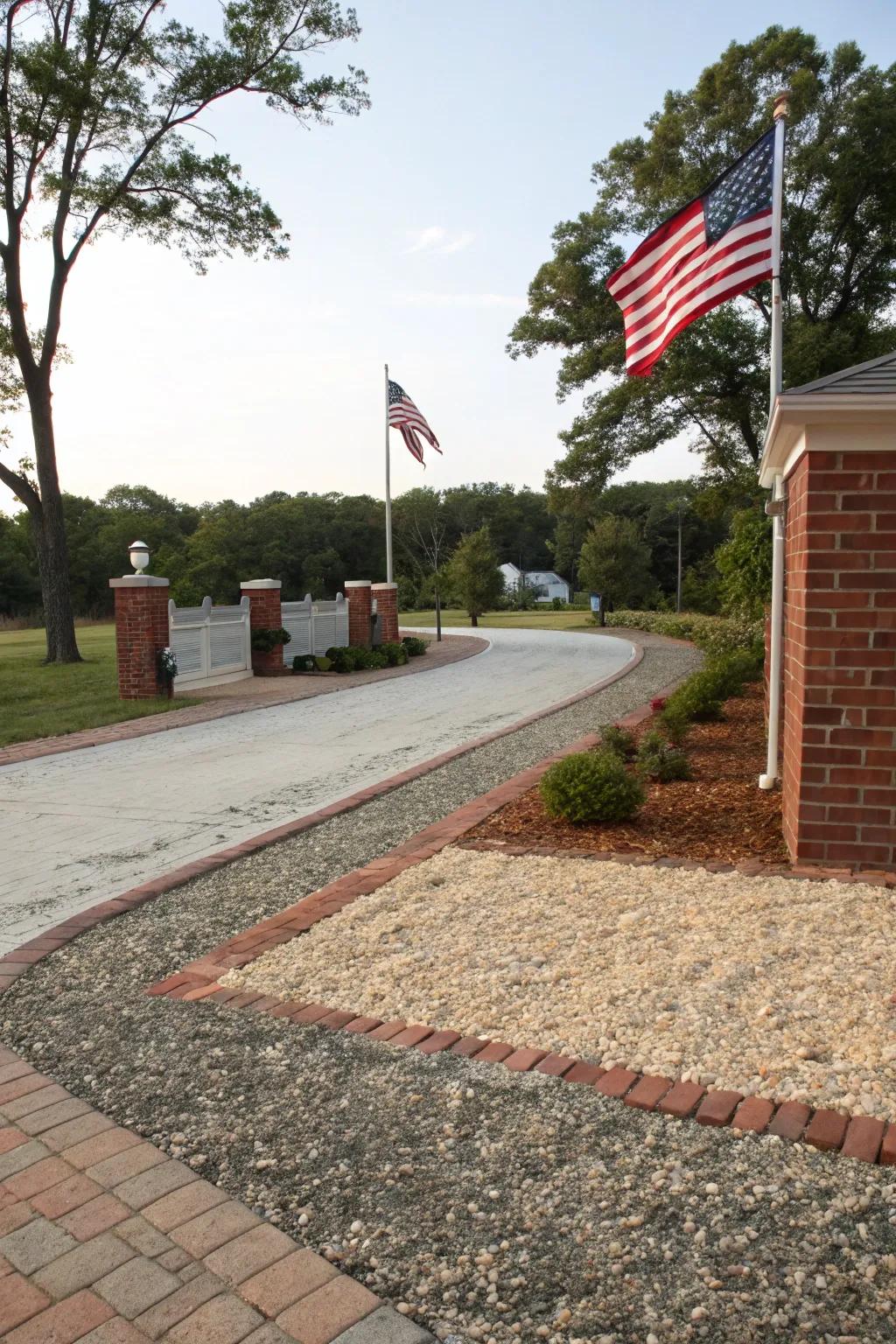 A rear lot access road featuring an interesting mix of brick and crushed stone surfaces.