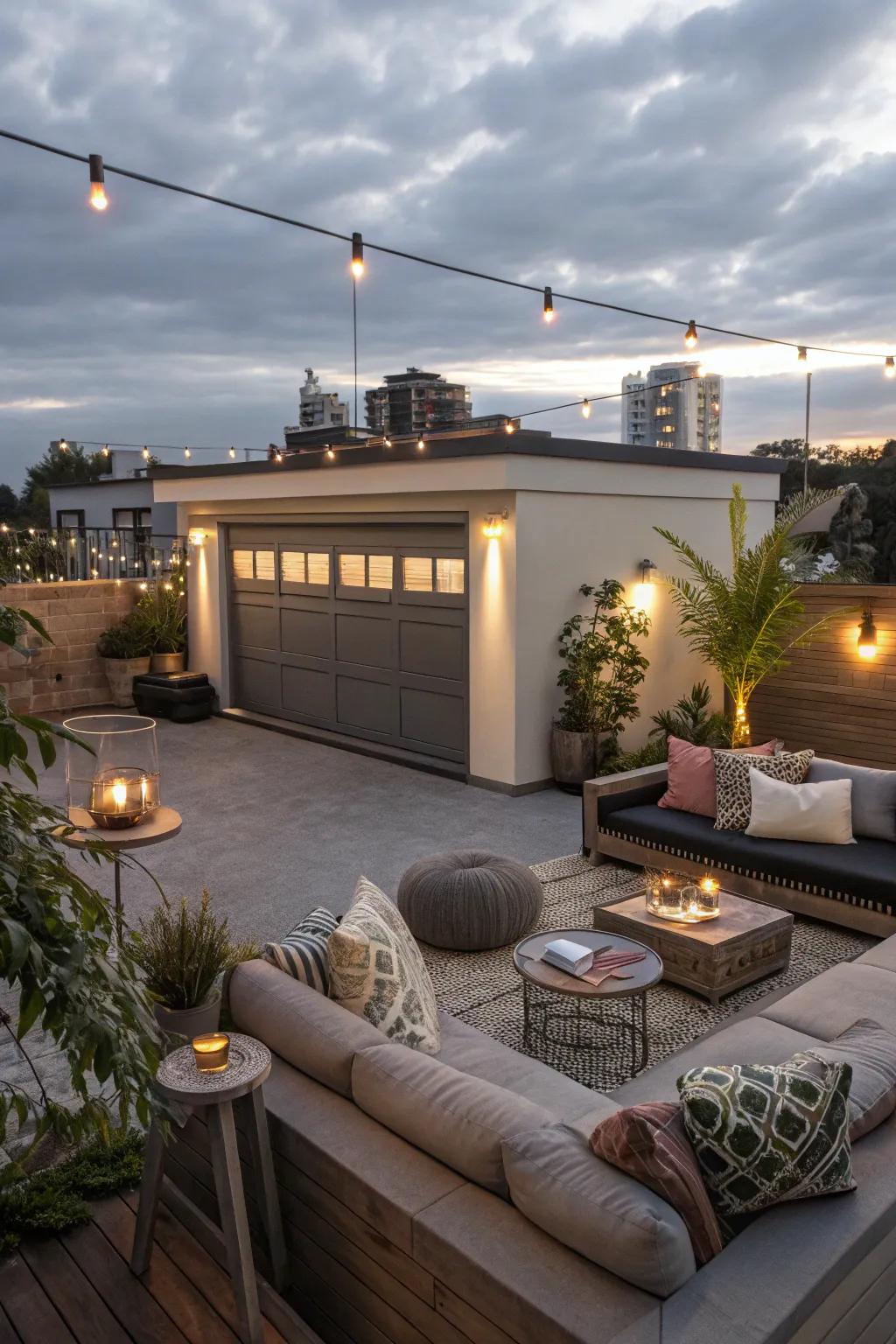 A sky lounge on a flat roof garage crafts a stunning area for leisure.
