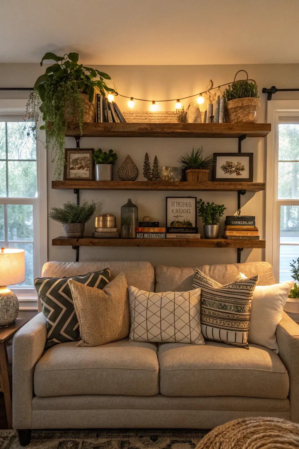 Layered decor enhances the spatial dimension of your shelf.