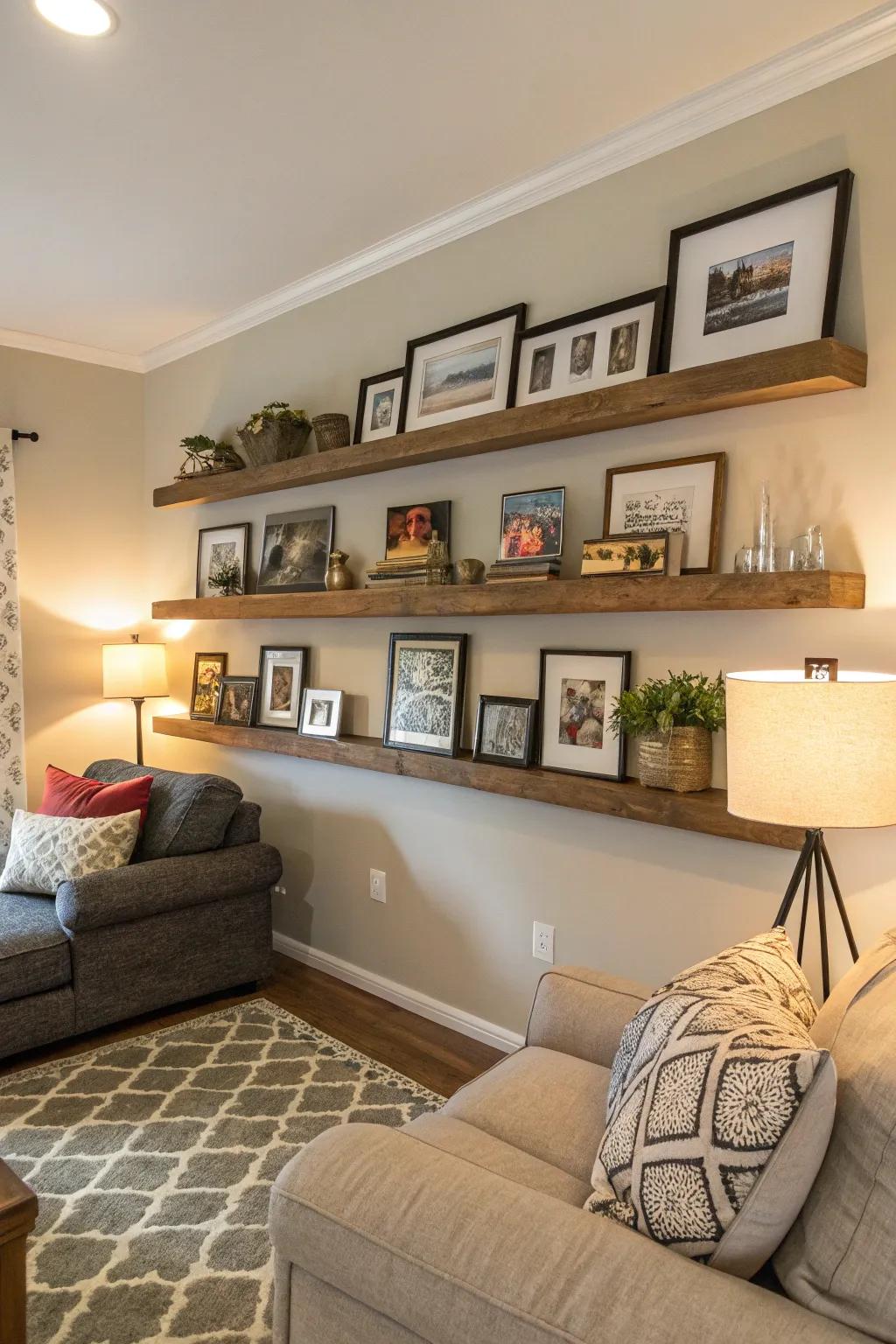 A gallery wall featuring decorative ledges amplifies depth and character.