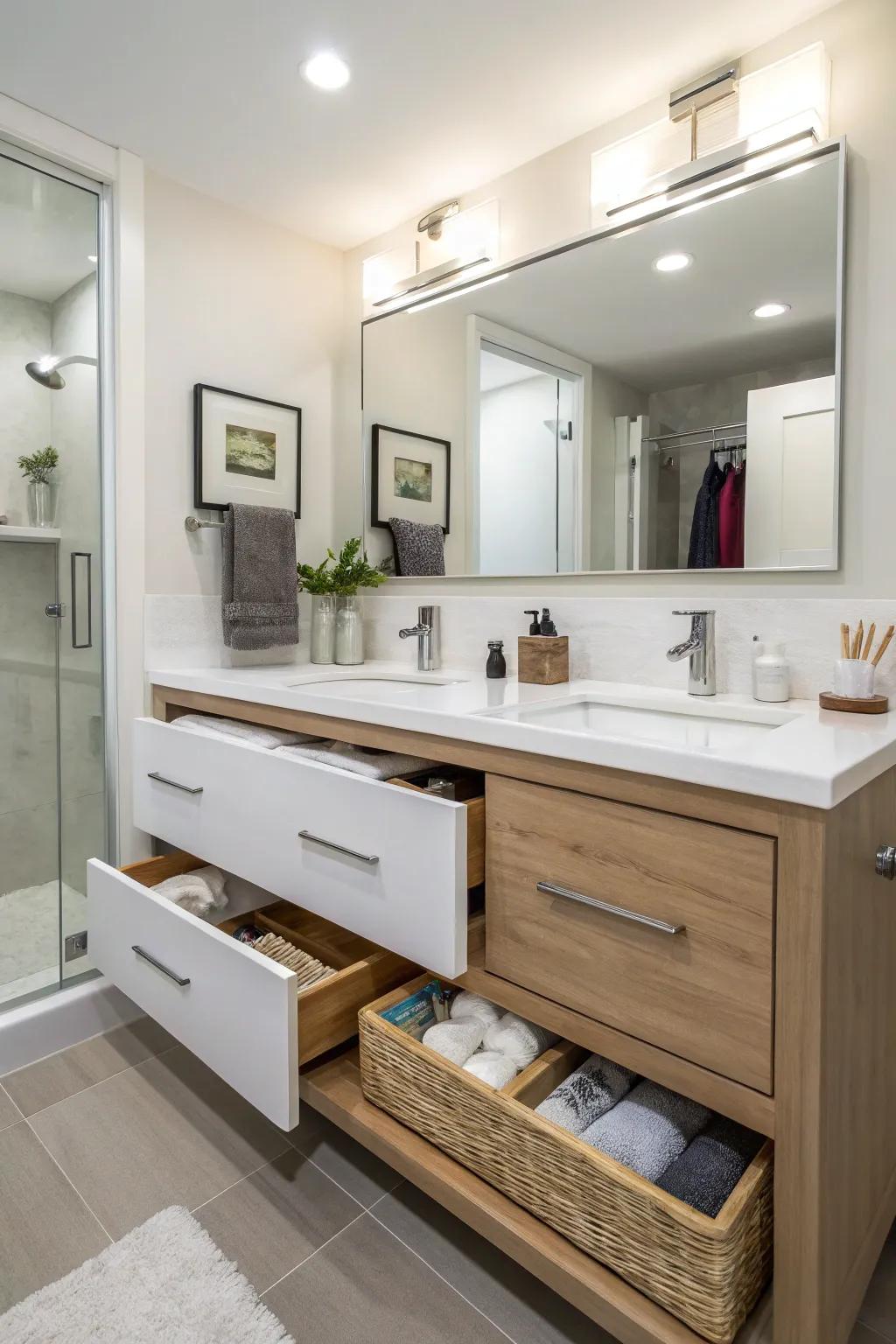 A bathroom including a floating vanity presenting integrated storage drawers to achieve a tidy presence.
