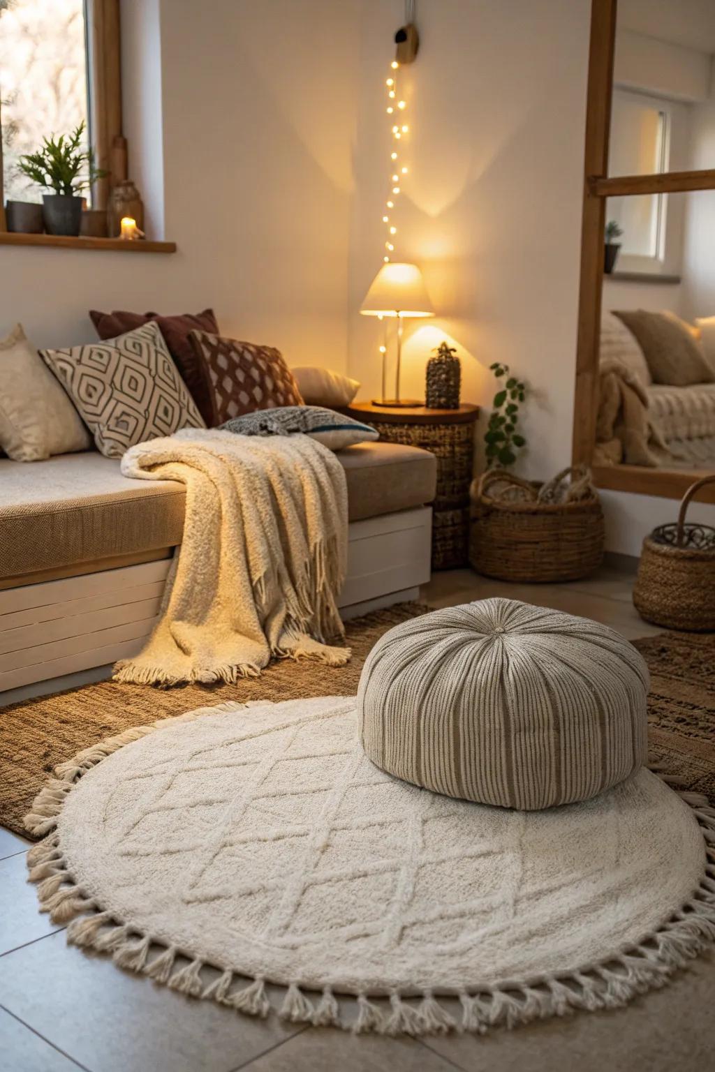 Soft pile textiles invite you to unwind and sink into comfort.