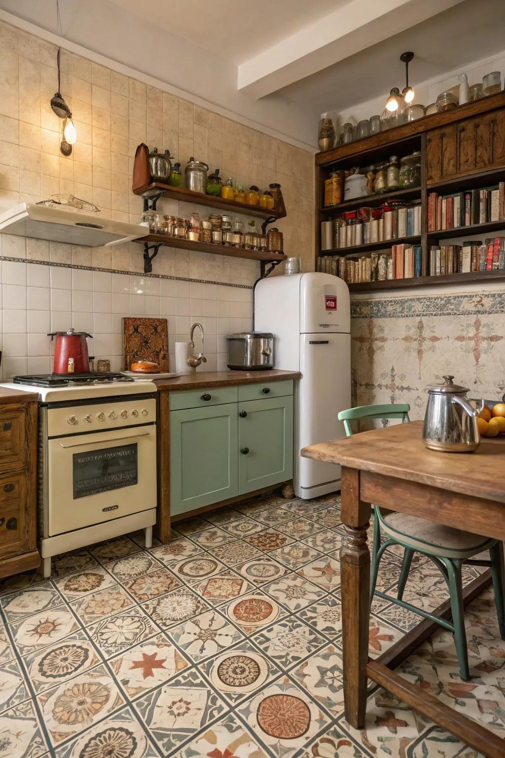 Vintage paver layouts add historical charm to kitchens.