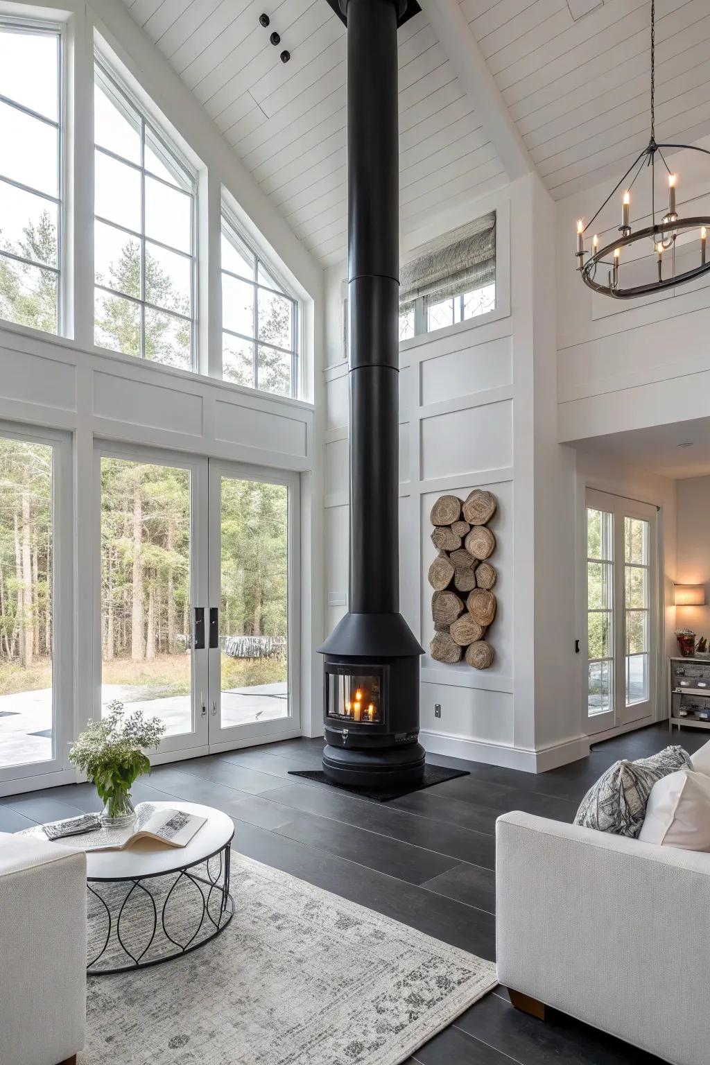 A modern space with a dramatic black floor-to-ceiling fireplace.