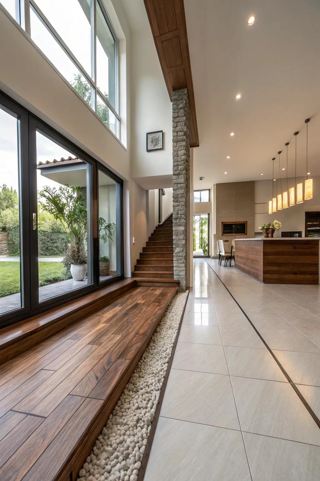 Elevated transition adds subtle depth to the room.