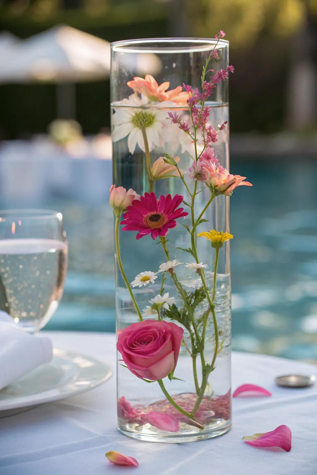 Floating floral centerpiece, delivering an enchanting visual impact on the table.