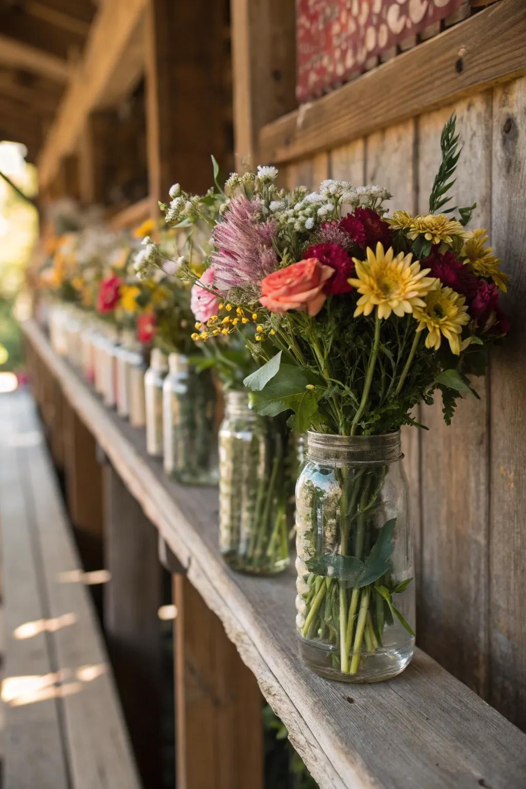 Captivating mason jar setups incorporating blended blooms.