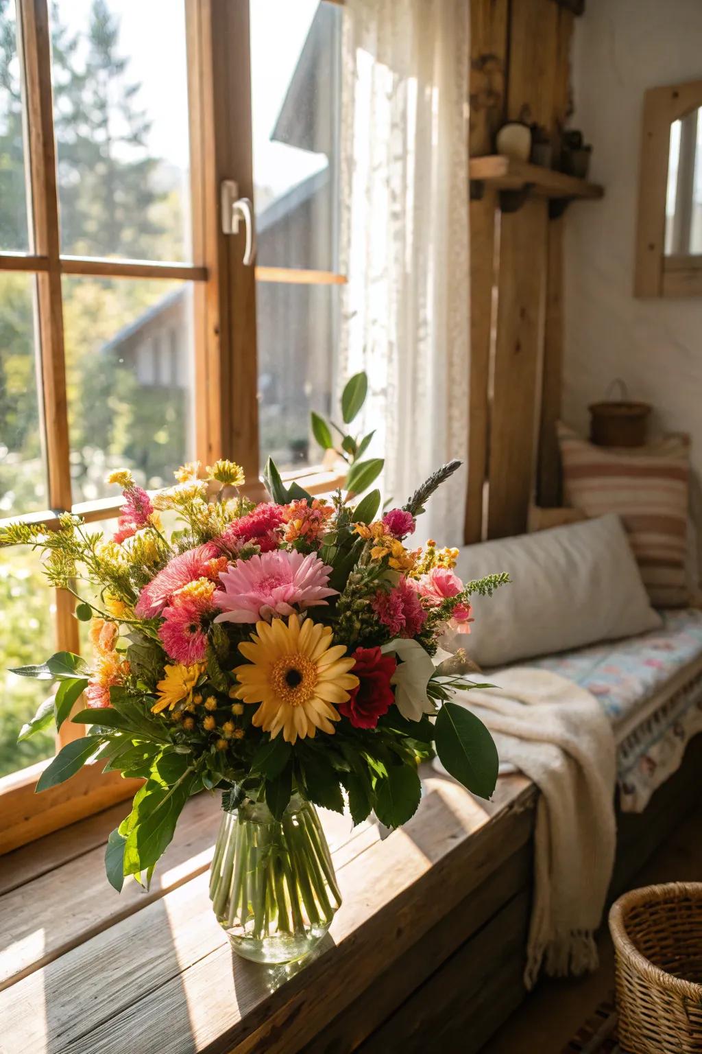 A sunlit window heightens the charm of vibrant blooms.