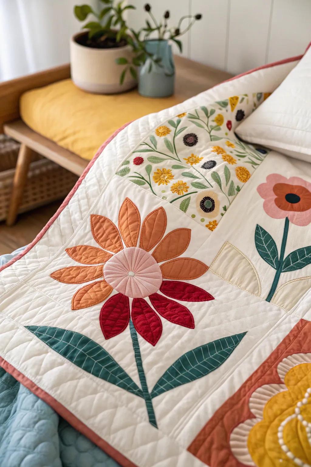 Embrace the elegance of modern bloom quilt squares, where bold hues meet minimalist design.