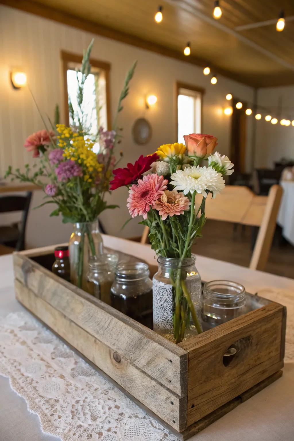 Establish a cozy floral display utilizing a rustic wooden box and small vases.