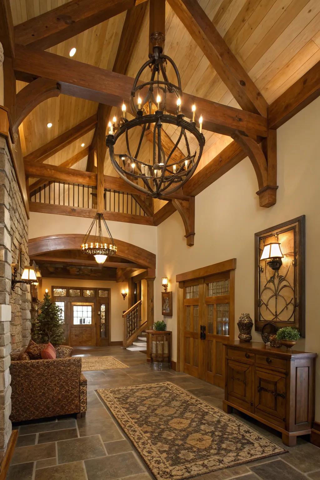 A wood chandelier brings earthy warmth to this craftsman entrance hall.
