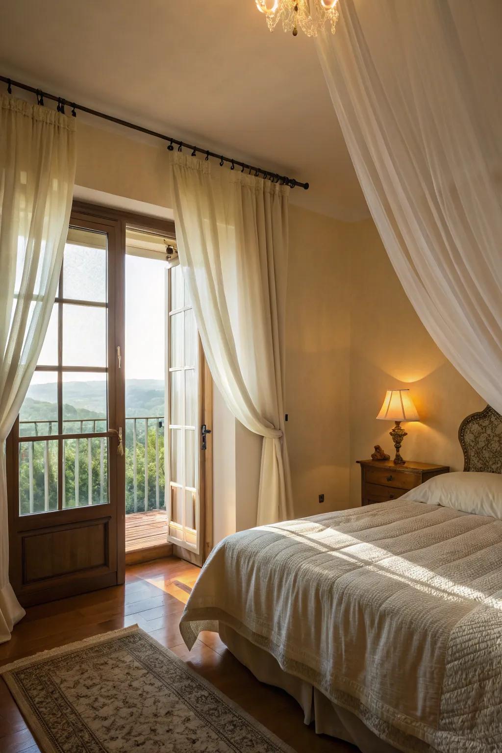 Light drapes enhance the room's spaciousness and sunlight.