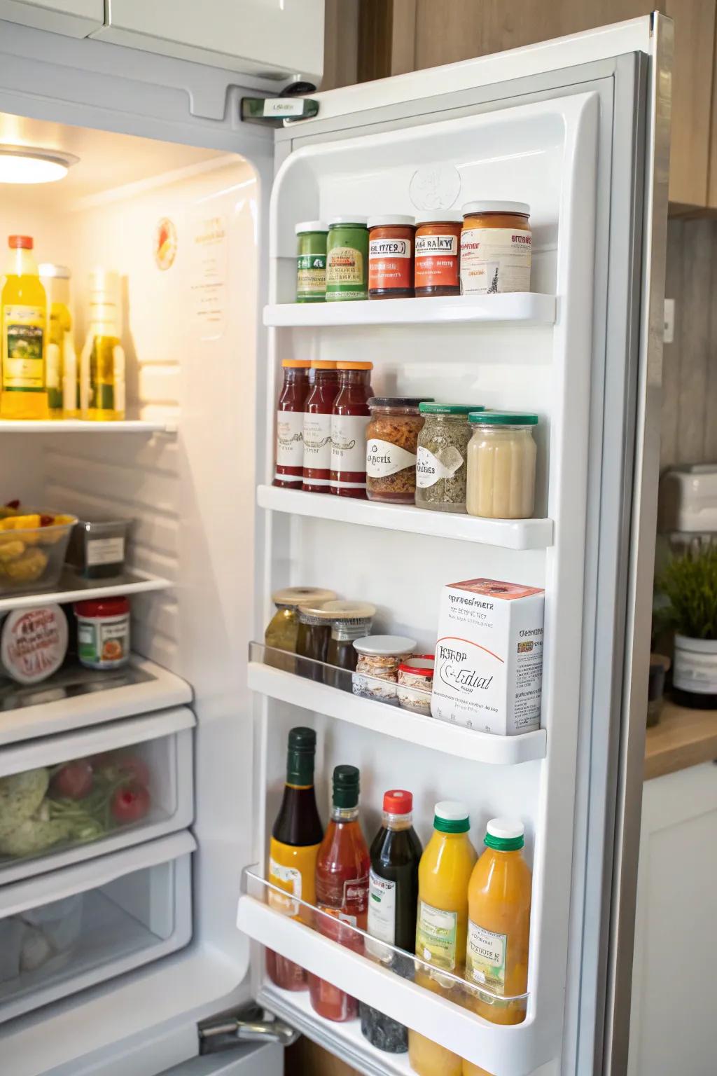 Efficient utilization of refrigerator door space for condiments.