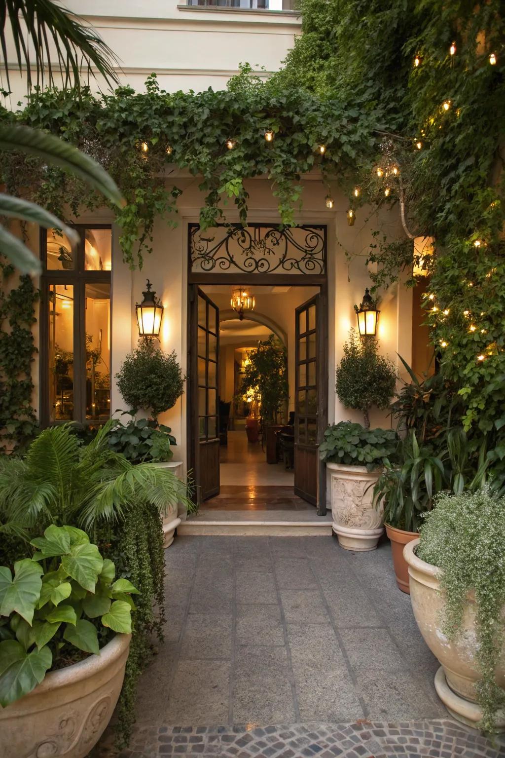 Lighting merged with greenery enhances the entrance.
