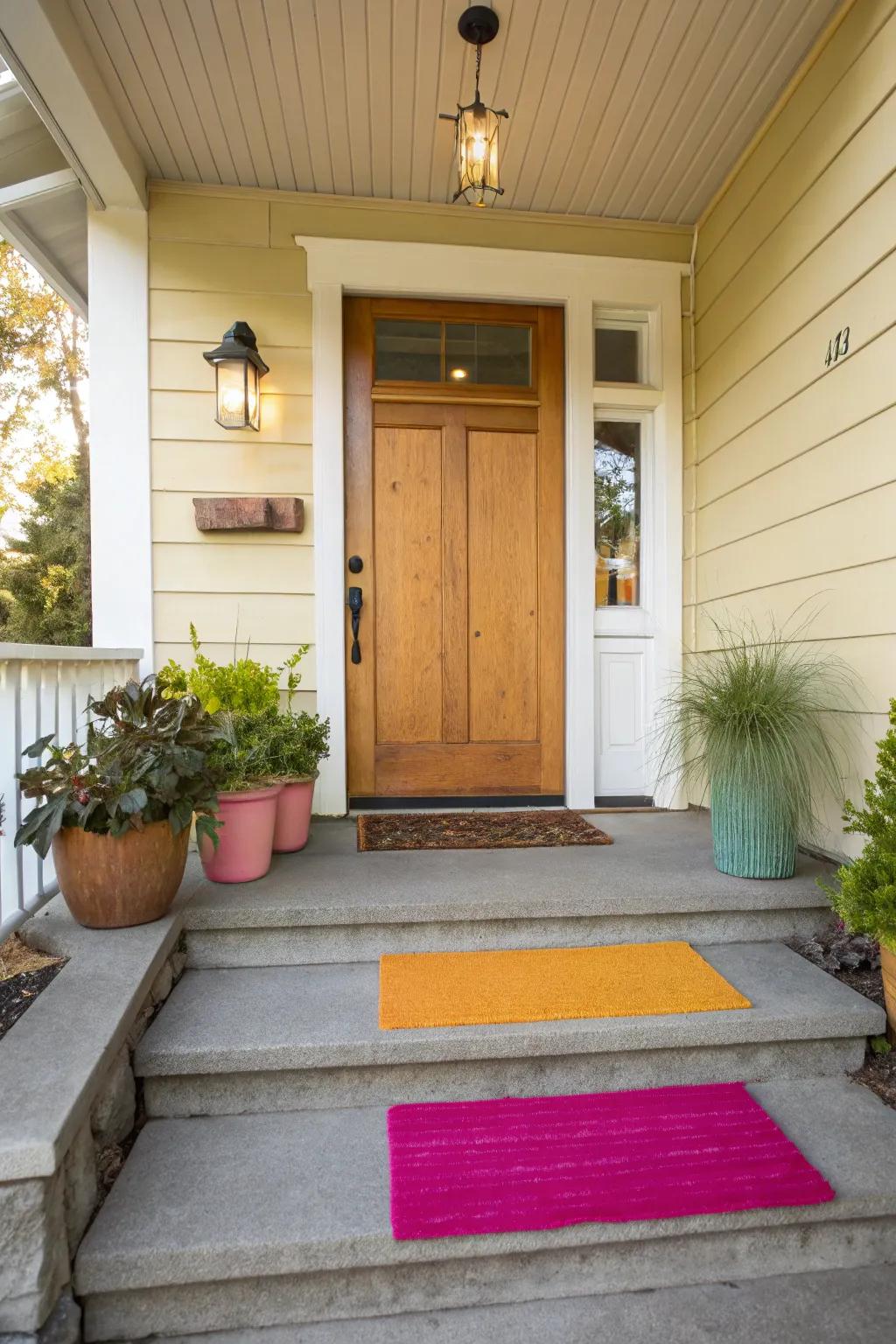 A brightly colored doormat adding cheer to the entryway.