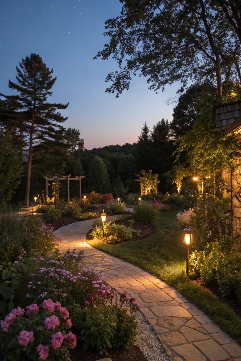 A garden enhanced by thoughtfully placed accent lighting.