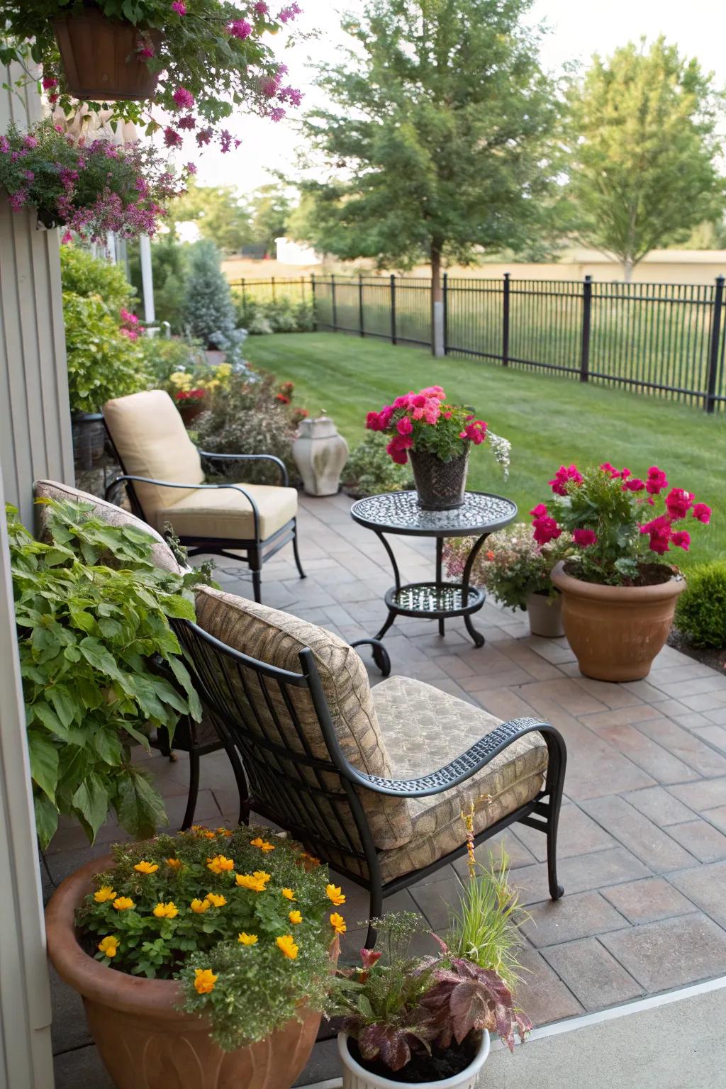 Potted plants infuse the patio with natural charm and peace.