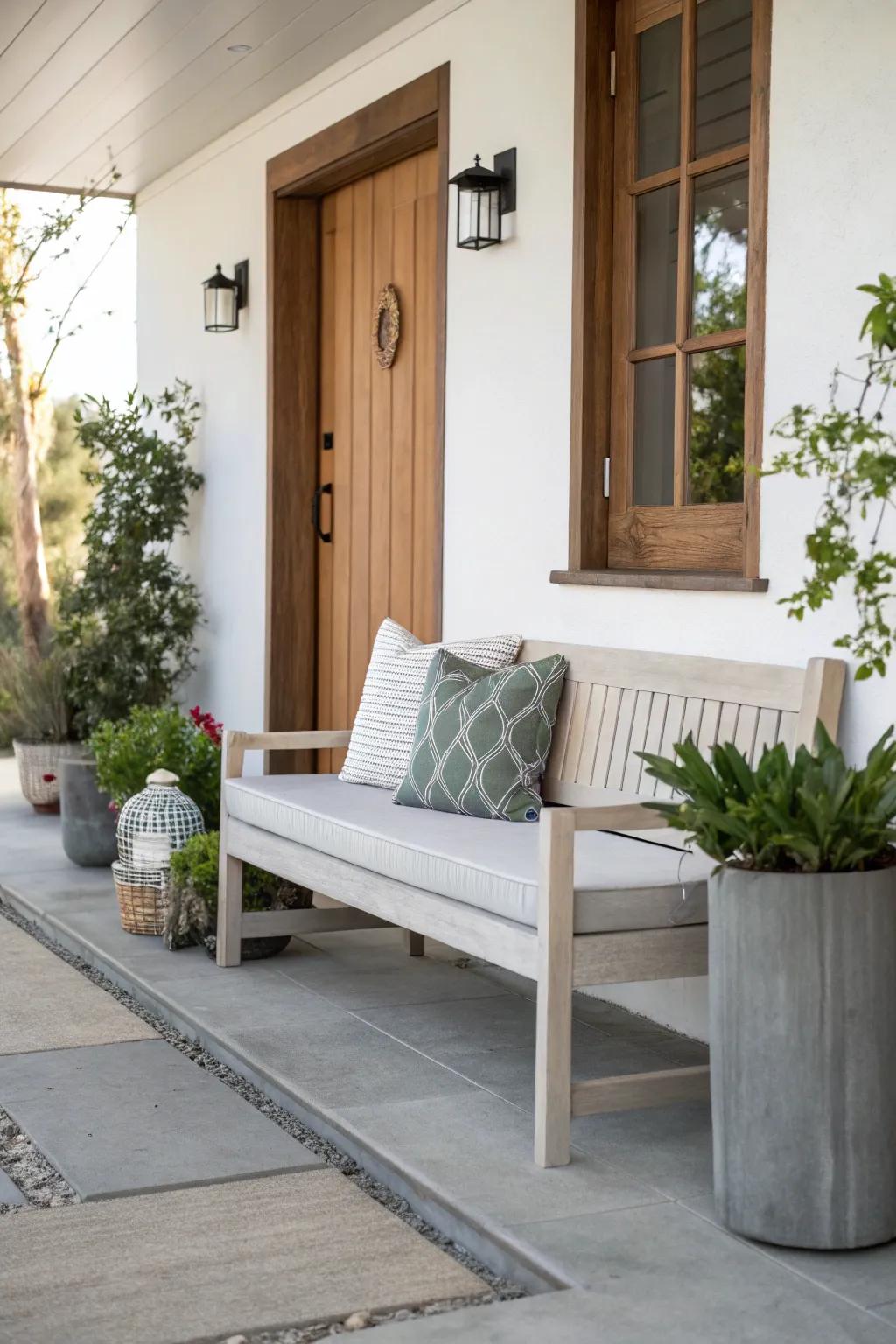 A modern, streamlined bench gives a sleek and tranquil appearance.