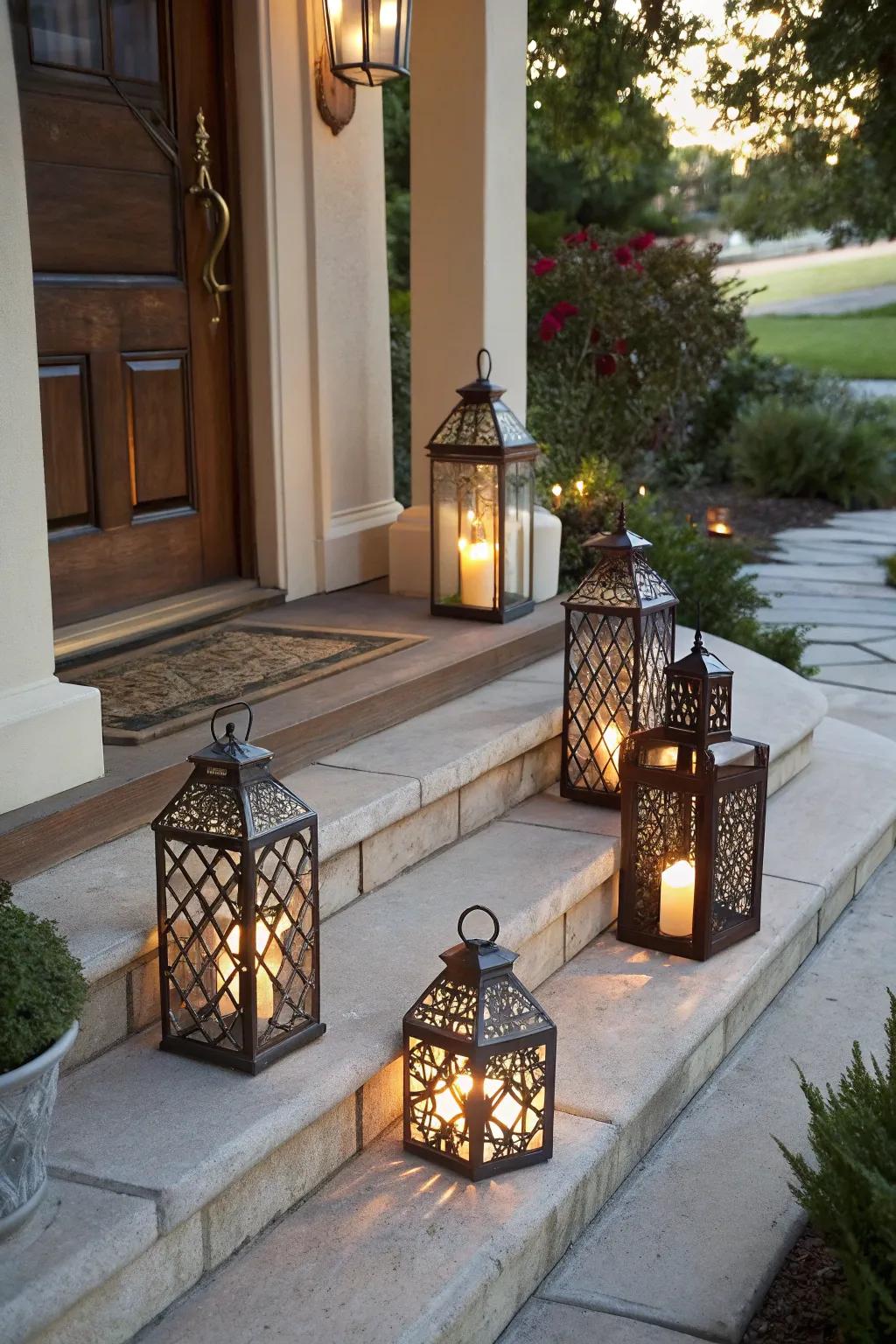 Lamps impart a balmy radiance to your holiday porch.
