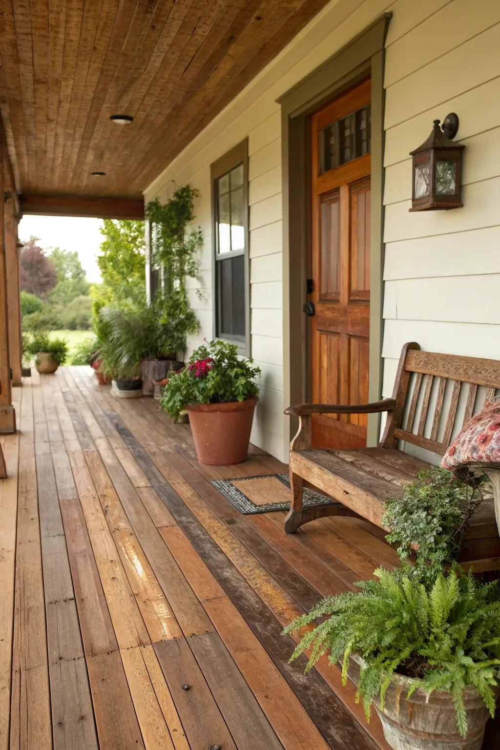 Cedarwood flooring provides a rustic and durable porch option.